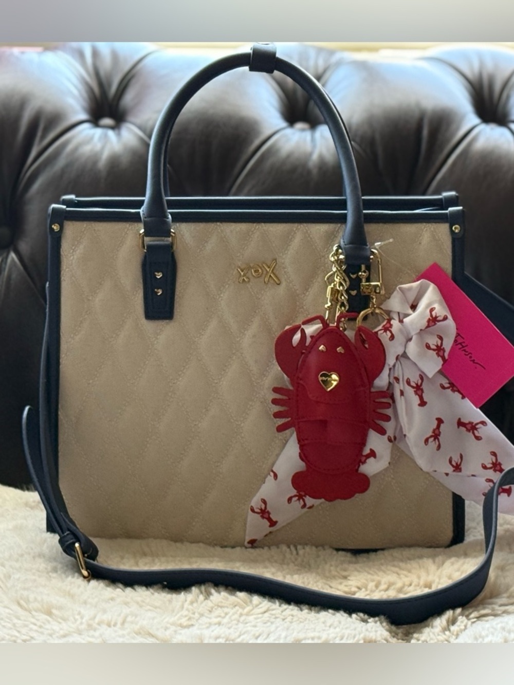 Betsey Johnson NWT Medium Sized Quilted Tote Bag with Red Lobster Charm